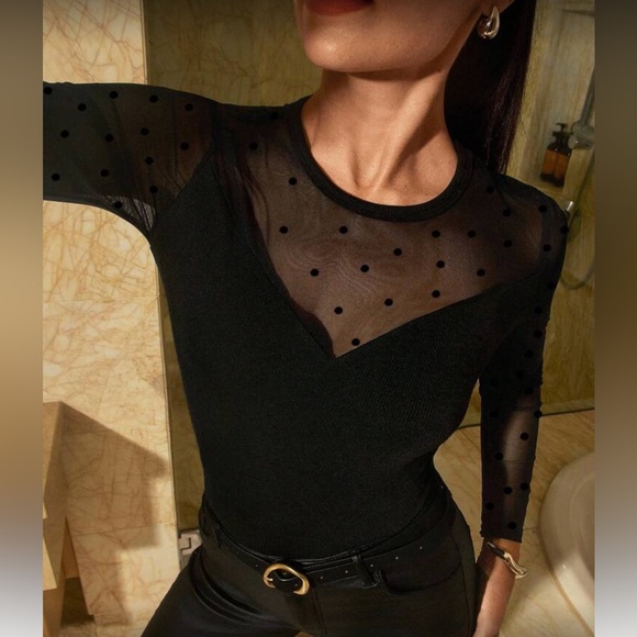 Black polka dots mesh sleeve bodysuit - Picture 3 of 7